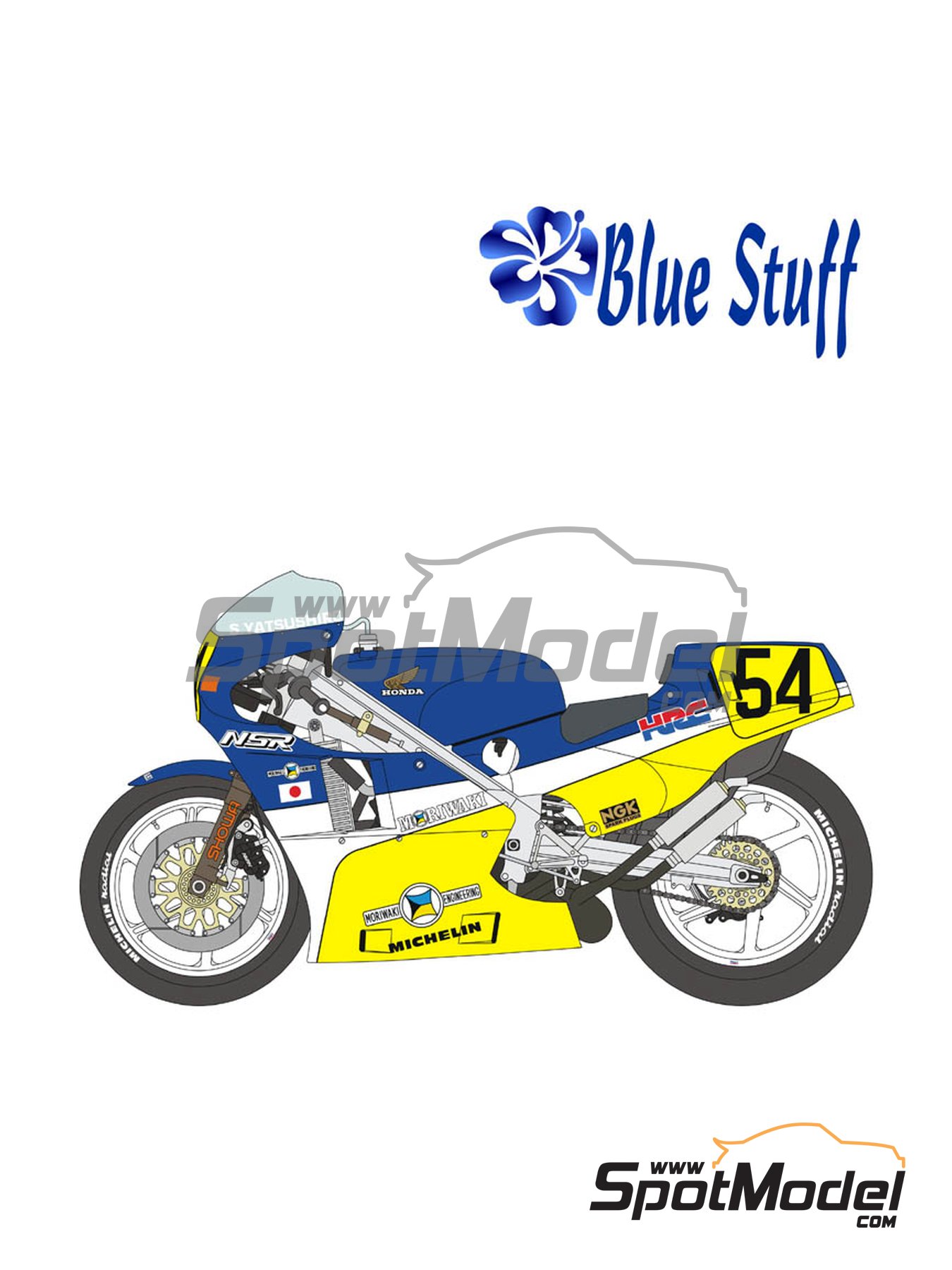 Honda NSR500 sponsored by HRC-Moriwaki - Motorcycle World Championship  1986. Marking / livery in 1/12 scale manufactured by Blue Stuff (ref.  12-012)